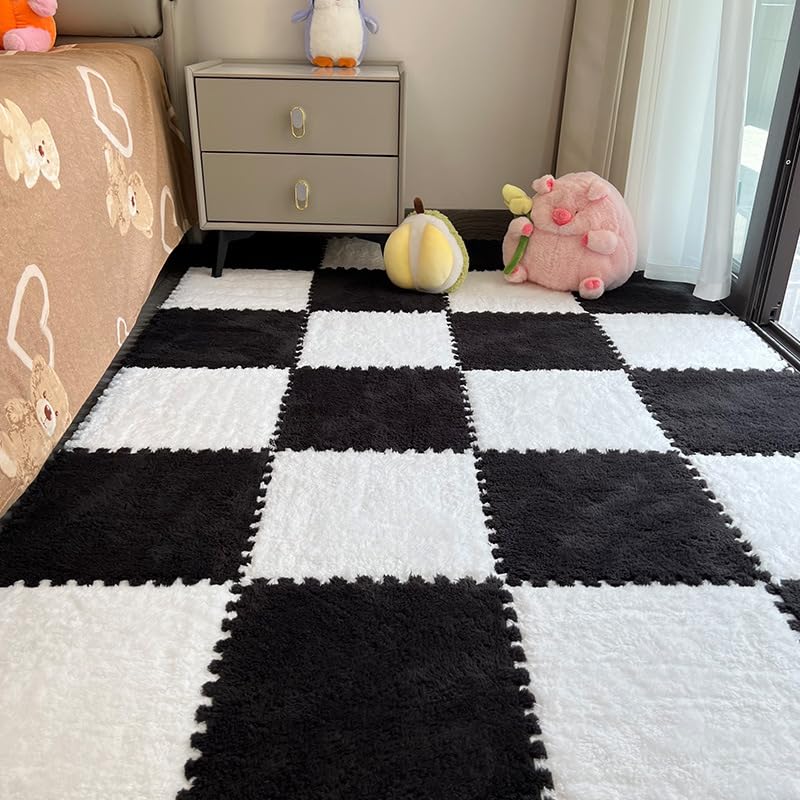 12Pcs Plush Foam Floor Mat,Plush Interlocking Carpet Tiles,Anti-Slip Square Puzzle Floor Mat,EVA Foam Area Rugs for Bedroom Playroom (White+Black) - color: White+black