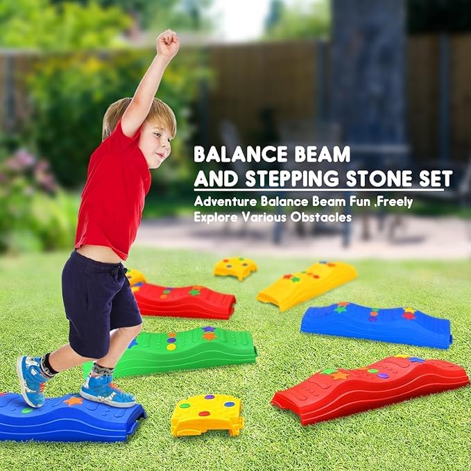 MOCUTEEN Kids Balance Beam Toddler Stepping Stones Set 20 PCS Sensory Balance Training Toys 220 lbs Max Load Non-Slip Textured Surface with Rubber Pads Promotes Agility & Coordination Multi-Color - color: 8 Curve 8 Straight 4 Pier