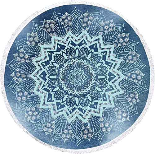 RosieLily Round Mandala Beach Towel, Microfiber Hippie Boho Extra Large Sand Proof Quick Dry Beach Blanket, Circle Pool Picnic Table Mediation Yoga Mat, 59 inch Towel with Tassels Gifts for Women - color: Blue Mandala Beach Towel 02