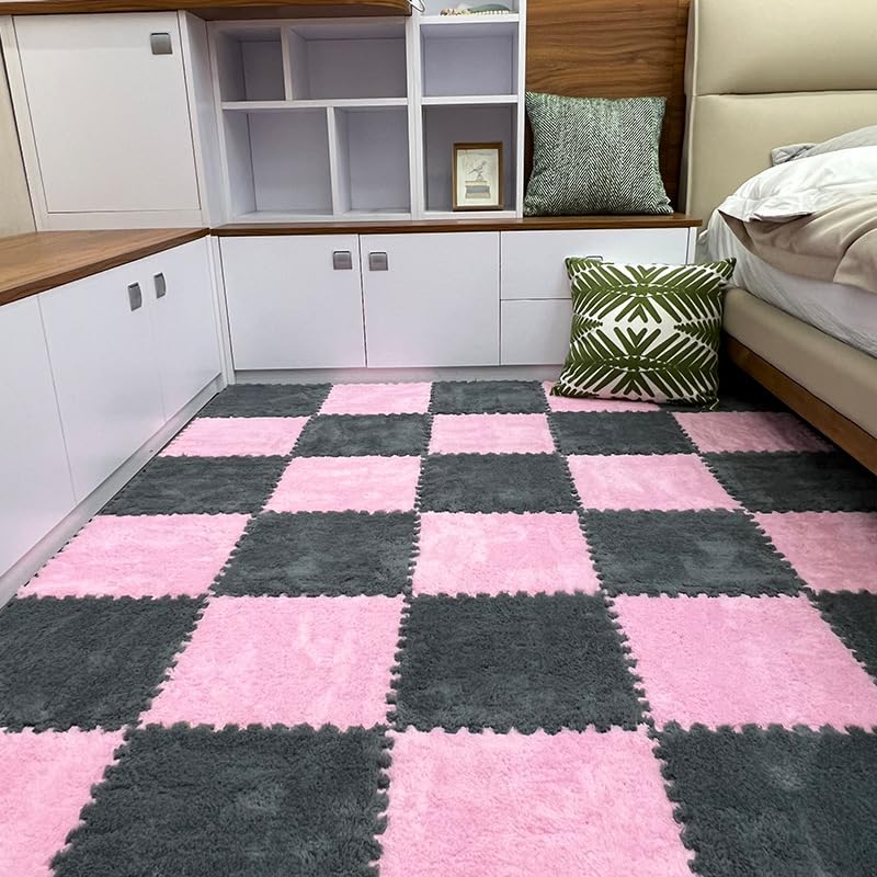12Pcs Plush Foam Floor Mat,Plush Interlocking Carpet Tiles,Anti-Slip Square Puzzle Floor Mat,EVA Foam Area Rugs for Bedroom Playroom (Pink+Grey) - color: Pink+grey