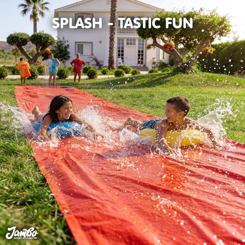 JAMBO 40Ft 3XL Updated Mega Slip Splash and Slide and 2 Bodyboards, Heavy Duty with Inflatable Crash Pad, Slide Splash Mat Outdoor Splash Mat n Backyard Water Toys - color: Blue, Green, Yellow