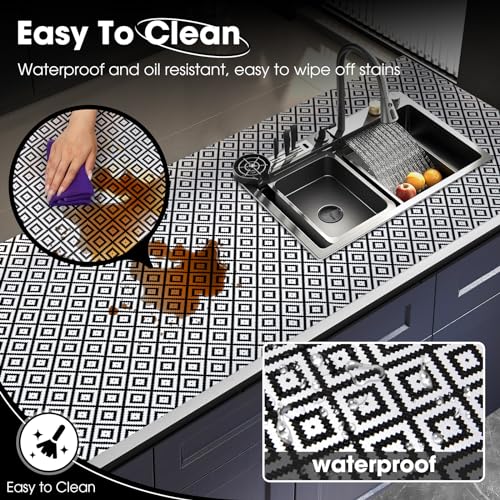 Drawer and Shelf Liner, Non-Slip Kitchen Cabinet Liners Non-Adhesive Thick Strong Grip Waterproof Washable Mats Protect Dresser Shelves Cupboard Bathroom Cabinets, Black & White, 12 in X 10 FT - color: Black and White, size: 11.8"W x 118"L
