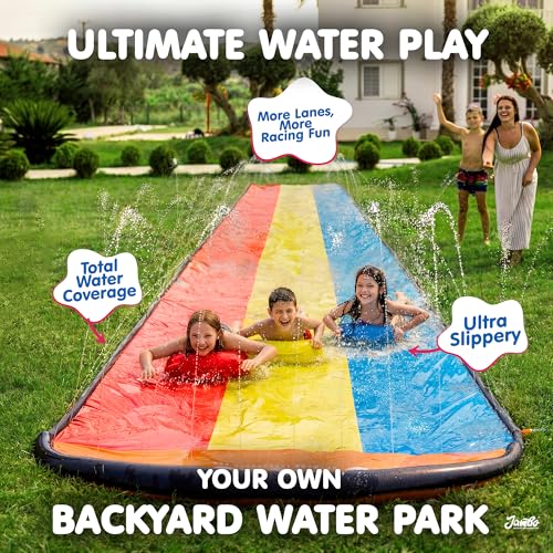 JAMBO 22.5ft Triple Lane Slip Splash and Slide with 3 Bodyboards with Built in Surround Sprinkler for Backyard Outdoor Water Fun for Kids - color: 22.5' Triple Lane Multicolor