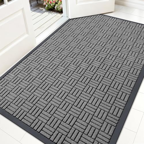 OLANLY Front Door Mat Outside Entrance 59x34, Absorbent, Heavy Duty Sturdy Natural Rubber Doormat Indoor Outdoor, Stain and Fade Resistant, Non-Slip Backing Low Profile Floor Mat for Entryway, Grey - color: Grey, size: 59" X 34"