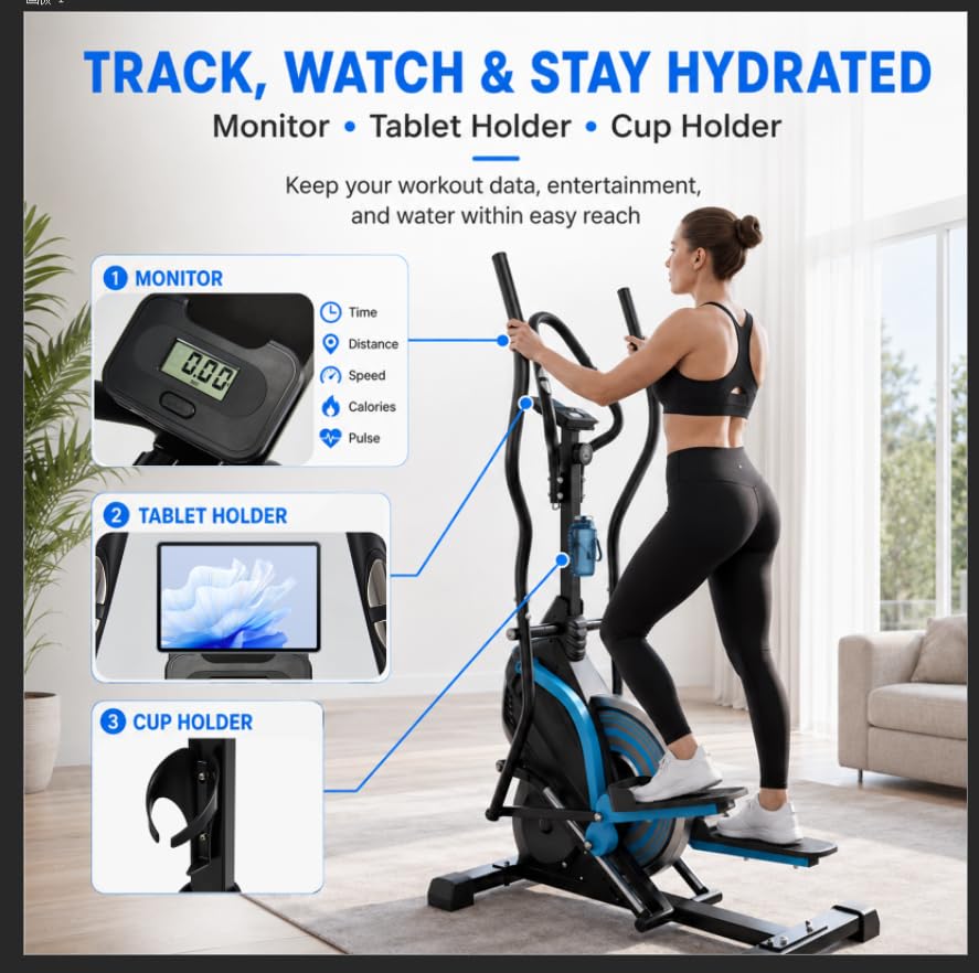 3-in-1 Elliptical Exercise Machine for Home, Cardio Climber & Stair Stepper with 18LB Flywheel, 16-Level Magnetic Resistance, 15.5” Stride, 300LB Capacity, Quiet Compact Trainer