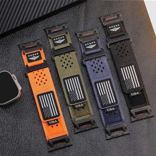 Rugged Nylon Band for Apple Watch Ultra 3/2/1 Series 11 10 9 8 7 6 5 4 SE/3/2/1 for Men,Breathable Stars-Stripes Flag Wristband Workout Athletic Strap for iWatch Ultra Bands 49mm 46mm 45mm 44mm 42mm - color: 08-Green-Leather Flag-Metal adapter, size: 49/4