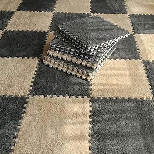 10pcs Plush Puzzle Foam Floor Mat, Soft Fluffy Interlocking Square Foam Tiles Area Rugs Carpet for Parlor Bedroom Decoration(11.8x11.8in, Grey & Light Brown) - color: Grey & Light Brown