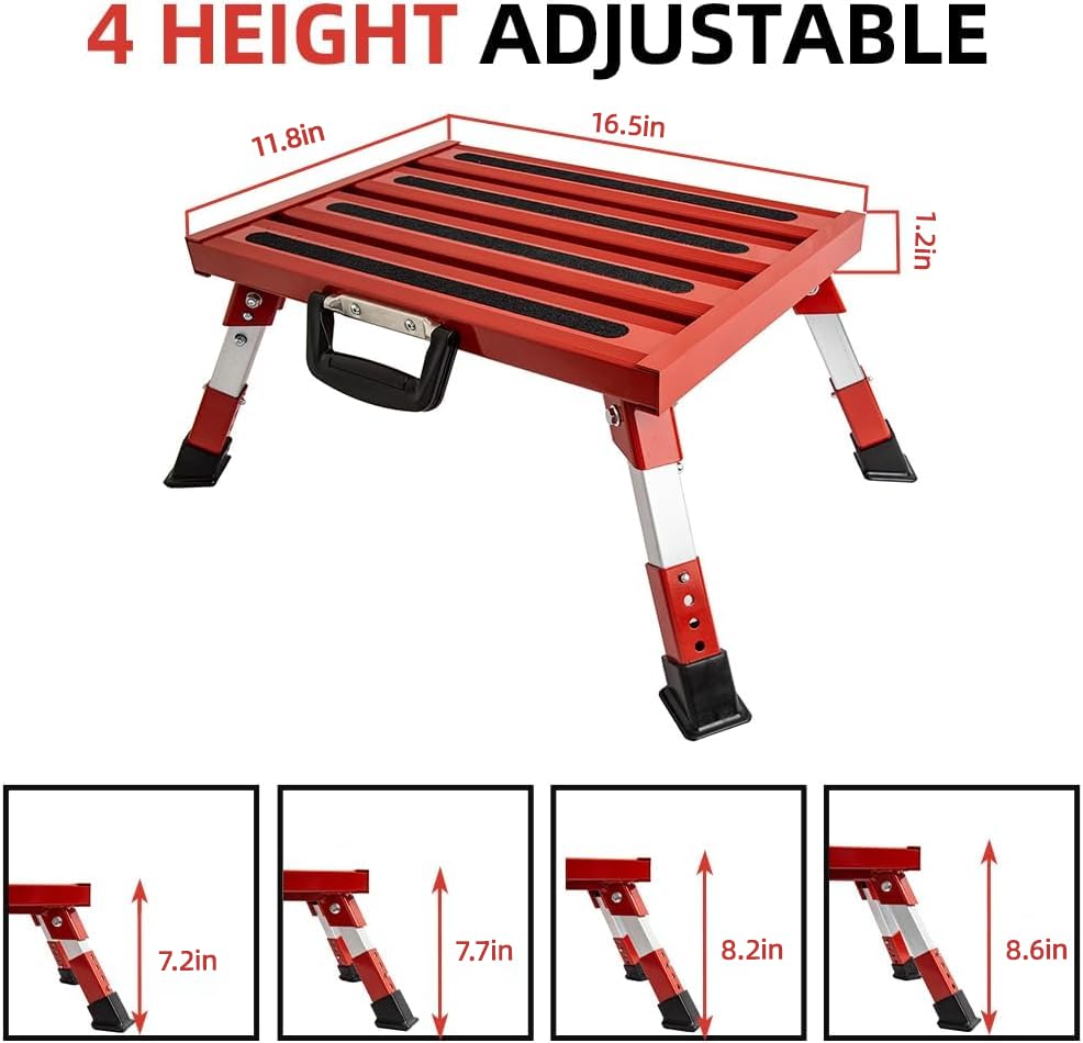 Homeon Wheels Foldable RV Step Stool, Portable Aluminum Platform with Anti-Slip Safety Surface and Handles, Adjustable Height Folding Steps Support Up to 1000 lbs, 16.5" x 11.8", Red - color: Red
