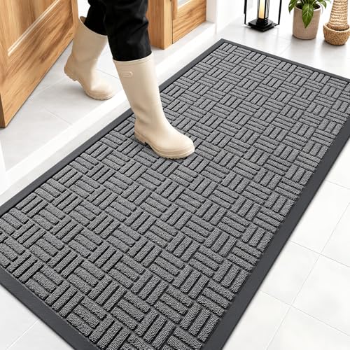 OLANLY Front Door Mat Outside Entrance 47x23, Absorbent, Heavy Duty Sturdy Natural Rubber Doormat Indoor Outdoor, Stain and Fade Resistant, Non-Slip Backing Low Profile Floor Mat for Entryway, Grey - color: Grey, size: 47" X 23"