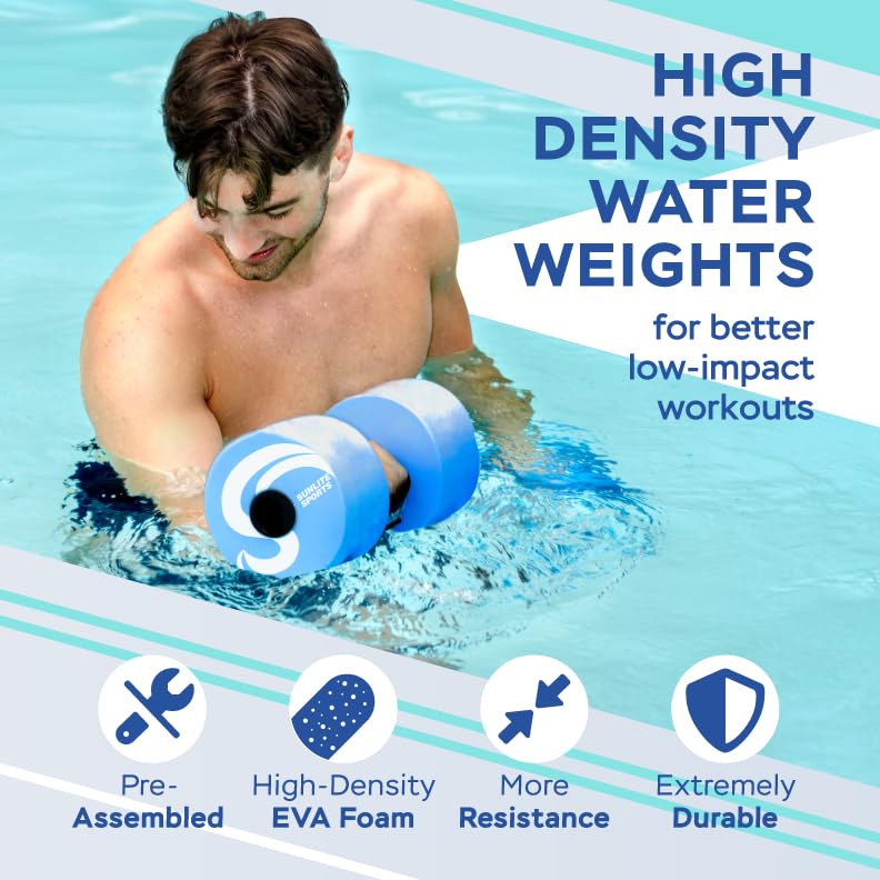 Sunlite Sports Water Weights Pool Exercise Dumbbells, Water Aerobic Equipment, High-Density EVA-Foam Dumbbell with Handle Strip, Aqua Therapy, Pool Fitness, Water Exercise, Set of 2 - color: Blue Performance, size: X-Large