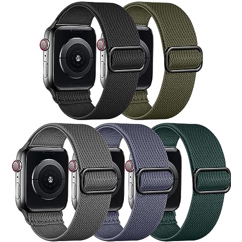 Adorve Stretchy Band Compatible with Apple Watch Bands Ultra 3/2/1 49mm 46mm 45mm 44mm 42mm 41mm 40mm 38mm Men Women, Soft Nylon Elastic Braided Strap Fits for iWatch Series 11/10/9/8/7/6/5/4/3/SE3-1 - color: Black/Army Green/Space Gray/Blue Gray/Dark Gre