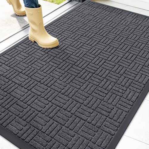 OLANLY Front Door Mat Outside Entrance 47x32, Absorbent, Heavy Duty Sturdy Natural Rubber Doormat Indoor Outdoor, Non-Slip, Stain and Fade Resistant, Low Profile Floor Mat for Entryway, Black Gray - color: Black Gray, size: 47" X 32"