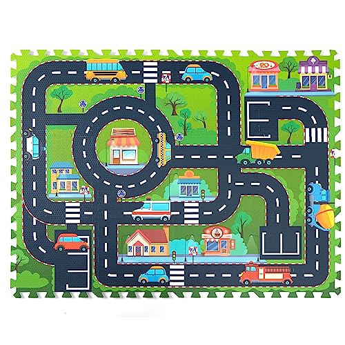 Foam Play Mat for Baby, Interlocking Foam Tiles, City Road Track Puzzle Mat 12 Pieces