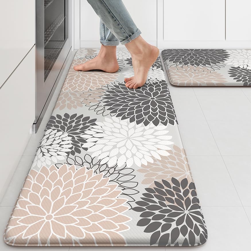 Kitchen Rugs and Mats Cushioned Anti Fatigue Kitchen Mat 2PCS Non-Skid Waterproof Boho Kitchen Runner Rug Comfort Foam Standing Mat for Office,Laundry,Kitchen Sink,Grey Floral - color: Pink/Grey, size: 17.3" x 47 "+ 17.3" x 29 "--0.47 inches