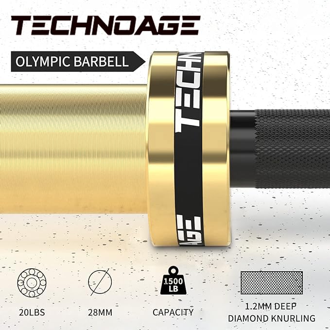 TECHNOAGE 7ft Olympic Barbell 45LB – 1500LB Capacity Weightlifting Bar with Needle Bearings & 28mm Knurled Grip, Powerlifting Strength Bar for Squat Bench Deadlift, Home Gym Olympic Weight Bar - color: Gold-1500LB MAX