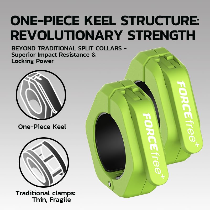 Forcefree+ Barbell Clips (Pair), Barbell Clamps, Quick Release Olympic Barbell Clamps with Anti Slip TPR Grip, Barbell Collars for Secure Weightlifting & Powerlifting - color: Green
