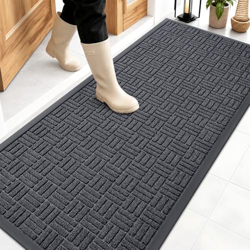 OLANLY Front Door Mat Outside Entrance 59x23, Absorbent, Heavy Duty Sturdy Natural Rubber Doormat Indoor Outdoor, Non-Slip, Stain and Fade Resistant, Low Profile Floor Mat for Entryway, Black Gray - color: Black Gray, size: 59" X 23"