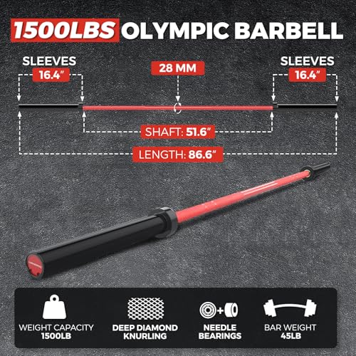 7FT Alloy Steel Olympic Barbell, 1500LB 45LB | 28mm knurled grip bar with needle bearings, chrome finish, 2-inch plate fit, and 1500LB capacity for heavy lifts - color: Black&Red