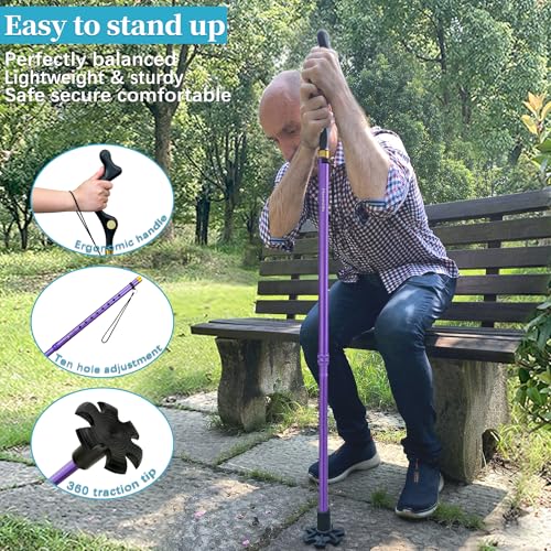 Walking Cane Foldable for Men & Women Seniors for Balance,Self Standing Folding,Height Adjustable Anti-Slip Lightweight Alloy Walking Stick for Travel Mobility Aid - color: Violet
