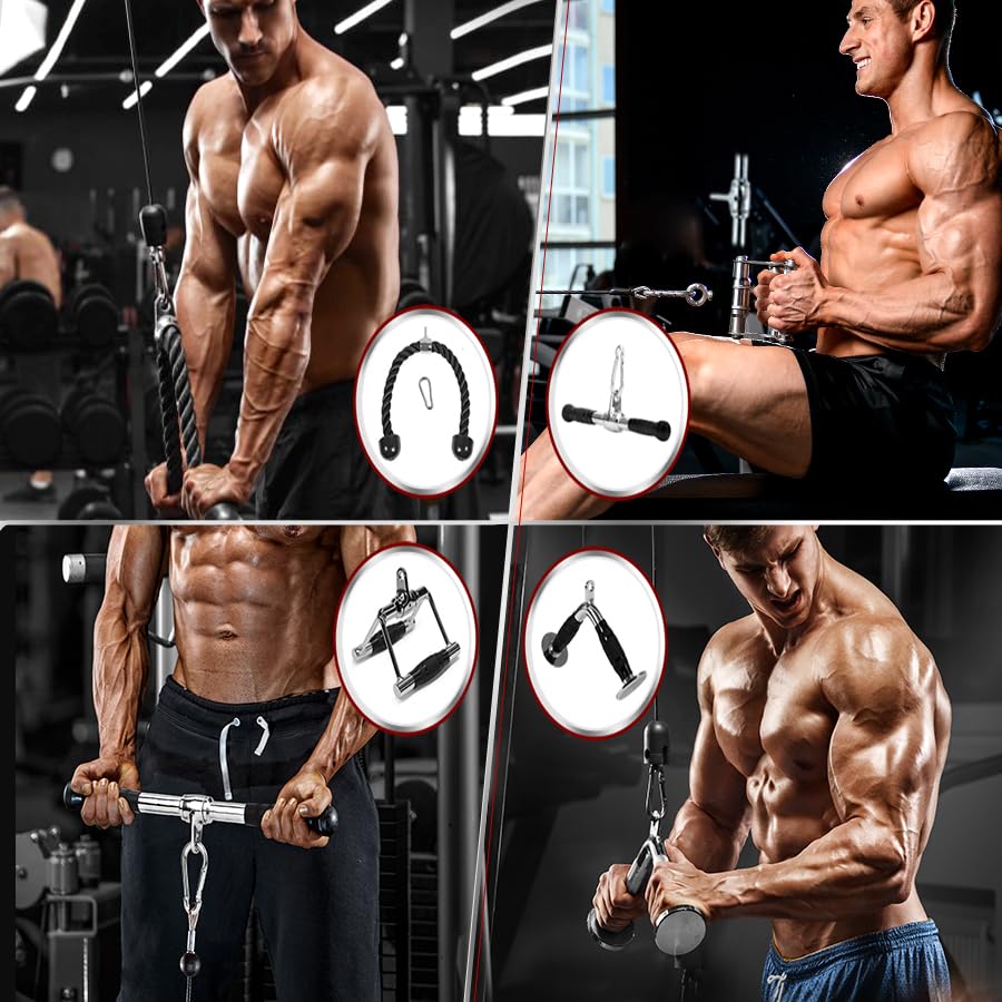 Yes4All Cable Machine Attachment, Double D Handle & Tricep Rope Cable Attachment, Weight Machine Accessories Load 880 LB for Home Gym - color: H. Metal rotating bar rubber chrome