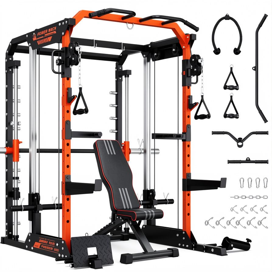 YOLEO Smith Machine & Squat Rack Combo, Multi-Functional Power Racks with Adjustable Width & Pull-Up Bar, Cable Crossover Power Cage, Independent Dual-Pulley System for Home Gym Garage Basement - style: Smith Machine Combo（1800LB Multi-Functional Smith Ma