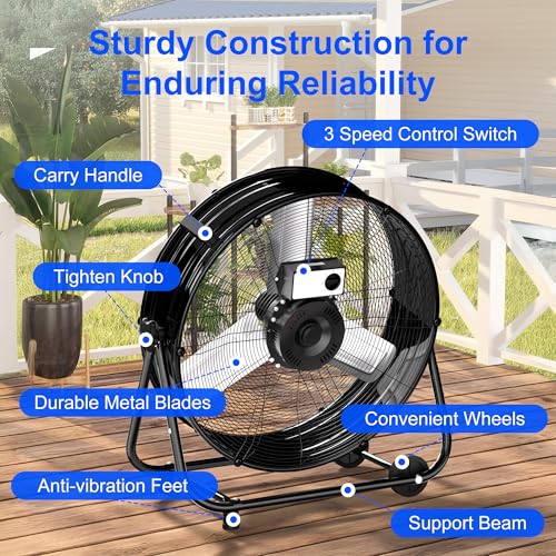 Uthfy 24 Inch High Velocity Floor Fan, 8800CFM Heavy Duty Industrial Drum Fan with 3 Speeds, 360° Tilt Metal Garage Fan with Wheels for Warehouse, Commercial, Workshop, Factory and Gym, Black
