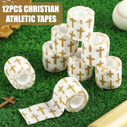 Geiserailie 12 Pack Christian Athletic Tapes 2 Inch x 5 Yards Self Adhesive Bandages Sports Wraps Breathable Elastic Wrap Non Woven Bandage for Wrist, Ankle, Baseball Football (White and Gold) - color: White and Gold
