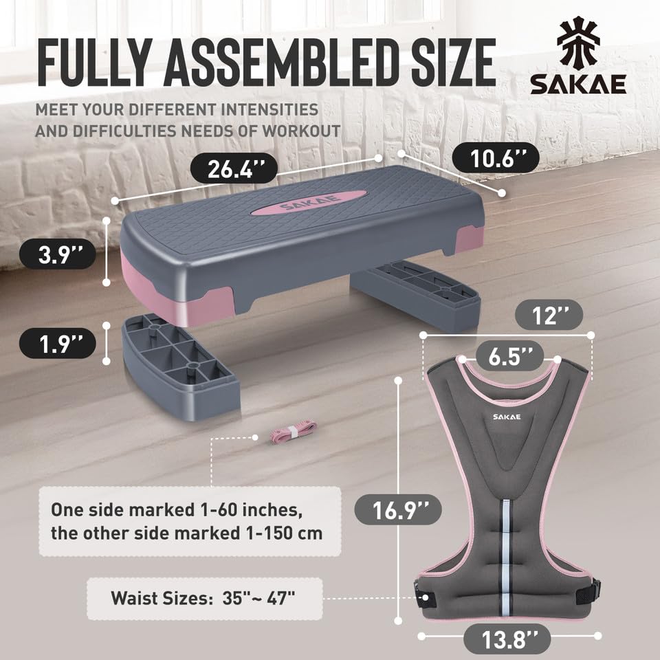 SAKAE Aerobics Step Platform Set with Weighted Vest & Measuring Tape, Adjustable Height 2 Level Risers Workout Step Trainer with Non-Slip Surface, Step Platform for Home Exercise, Multiple Colors - color: Pink