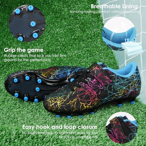 brooman Kids Firm Ground Soccer Cleats Girls Football Cleats with Shin Guards and Soccer Socks - color: Black Blue, size: 11.5 Little Kid