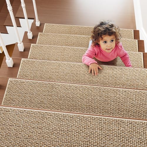 PADOOR Non Slip Stair-Treads,Rubber Backing Stair-Runners for Wooden Steps,15PCS Residue Free Carpet Stair Treads for Kids and Dogs 8"x30" Beige - size: 15PCS, style: Beige