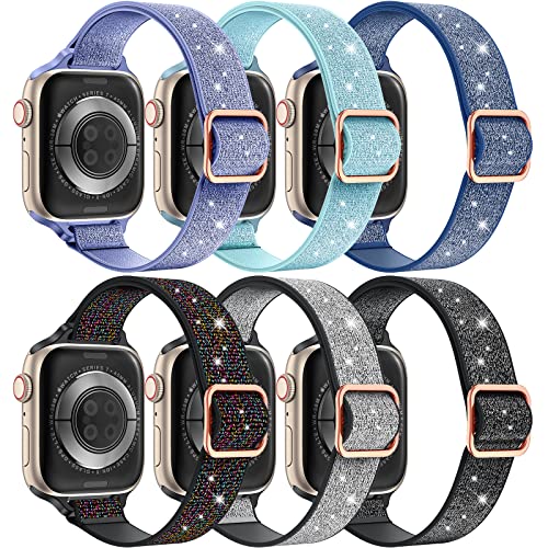 LETOID Stretchy Bands for Apple Watch Band Women Men Adjustable Solo Loop | Skin-Friendly Elastic Nylon Replacement Strap, iWatch Series 11 10 9 8 7 6 5 4 3 2 1 SE Ultra 49 46 45 44 42 41 40 38mm - color: 6-Pack: Irid Black/Black/Silver/Purple/Blue/Navy,