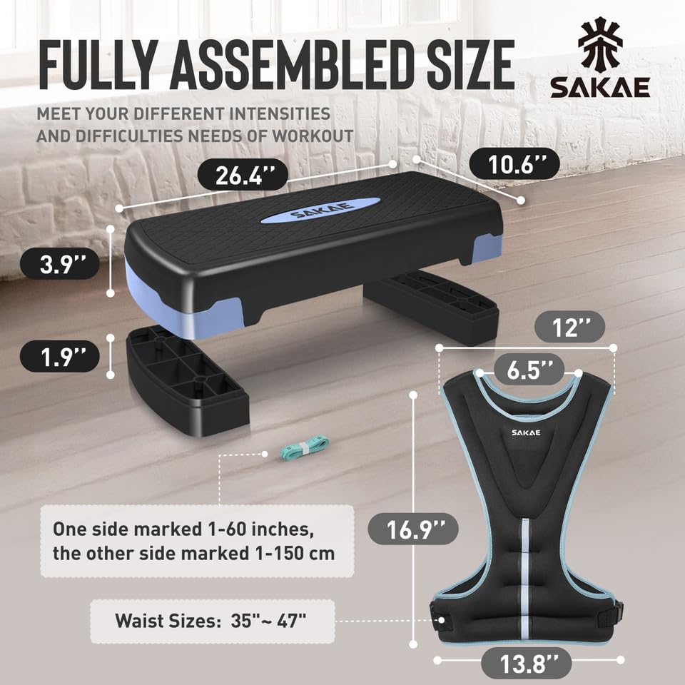 SAKAE Aerobics Step Platform Set with Weighted Vest & Measuring Tape, Adjustable Height 2 Level Risers Workout Step Trainer with Non-Slip Surface, Step Platform for Home Exercise, Multiple Colors - color: Blue