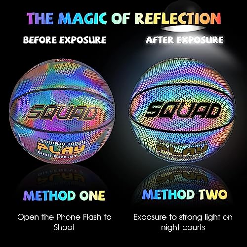 SQUAD NightPlay Reflective Basketball Size 5, Size 7 - Cool Holographic Glow Basketball for Night Game, Ideal Gift for Boys Girls 10-14 Year Old, Cool Teen Toys - color: Reflective Dark, size: Size 7