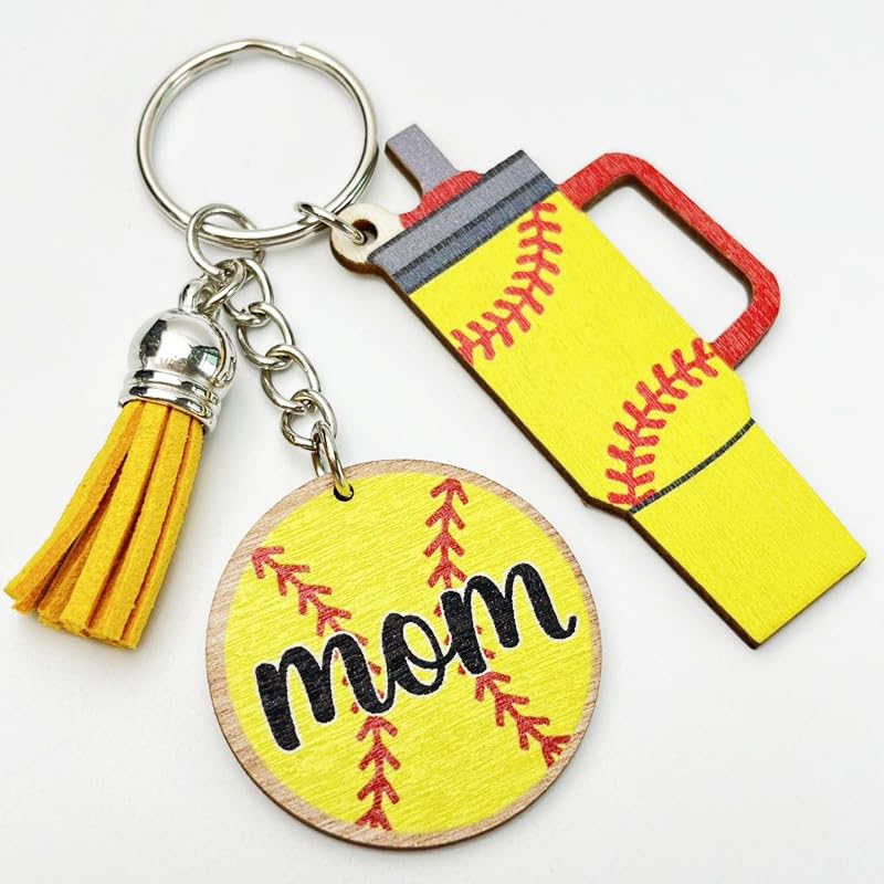Women's Colorful Sports Ball Keyring Tassel Tumbler Charm Rugby Baseball Soccer Basketball Wooden Keychain Gifts - color: Baseball Yellow