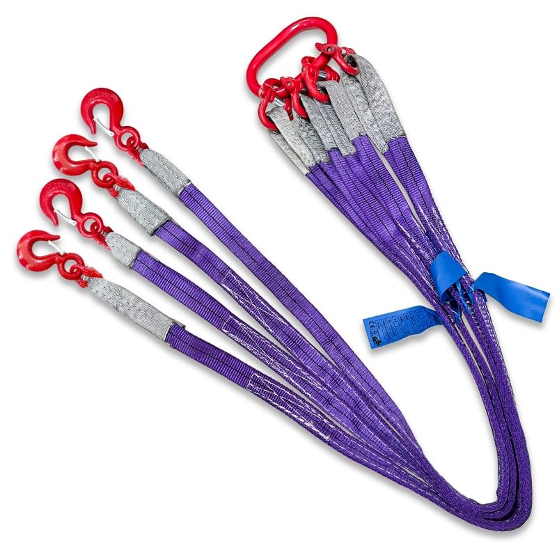 Four Leg Bridle Web Sling 5ft 6600lbs Lifting Slings with G80 Alloy Steel Grab Hooks and Adjuster Polyester Webbing Purple Rigging Straps for Safe Towing and Handling of Cargo - size: 6600 lb / 5 ft