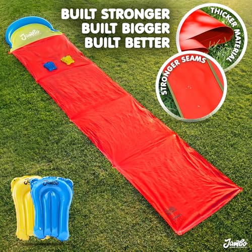 JAMBO 40Ft 3XL Updated Mega Slip Splash and Slide and 2 Bodyboards, Heavy Duty with Inflatable Crash Pad, Slide Splash Mat Outdoor Splash Mat n Backyard Water Toys - color: Blue, Green, Yellow