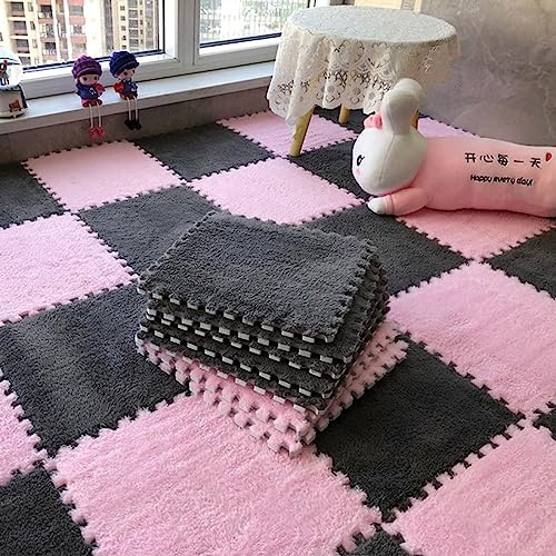 10pcs Plush Puzzle Foam Floor Mat, Soft Fluffy Interlocking Square Foam Tiles Area Rugs Carpet for Parlor Bedroom Decoration(11.8x11.8in, Grey&Pink) - color: Grey&pink
