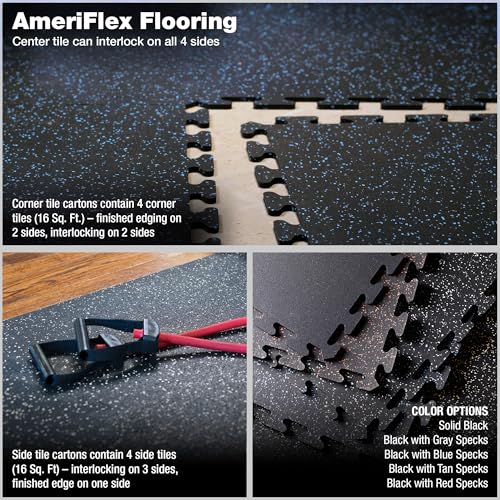 Matter Flex 100% Rubber Floor Mats - Recycled Rubber Gym Flooring for Home Gym, Interlocking Exercise Tiles, Made in The USA, Gym Tiles, Center (4 tiles/16 Sq. Ft.), Black with Blue Speck - color: Black With Blue Specks, size: Center (4 tiles/16 Sq. Ft.)