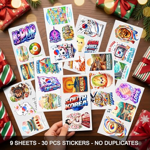 30 PCS South Korea Travel Stickers Pack, Seoul Busan Korean Flag | Vinyl Waterproof Decals Sheets Landmark Cute Food Culture Funny for Laptop Water Bottle Scrapbook Car Gifts for Adults Teens - color: South Korea Travel Sticker