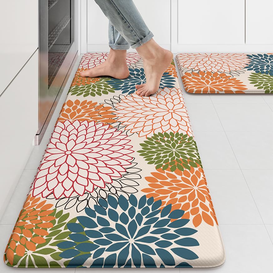 Kitchen Rugs and Mats Cushioned Anti Fatigue Kitchen Mat 2PCS Non-Skid Waterproof Kitchen Runner Rug Comfort Foam Standing Mat for Floors,Office,Laundry,Sink,Floral - color: Colorful, size: 17.3" x 47 "+ 17.3" x 29 "--0.47 inches