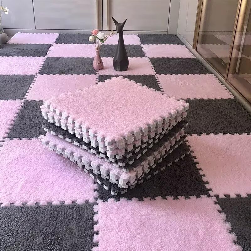 20pcs Plush Puzzle Foam Floor Mats, 11.8x11.8in Interlocking Carpet Soft Tiles，Anti-Slip Puzzle Area Rug Playmat for Room，Grey Pink - color: Grey Pink