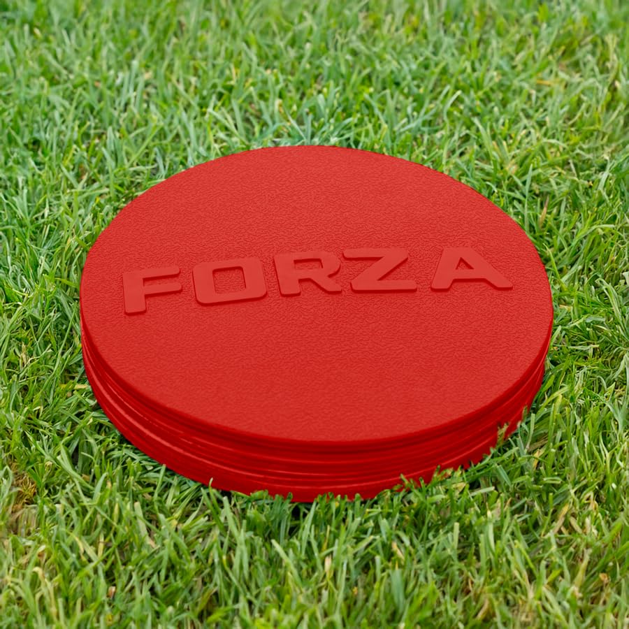 FORZA Flat Disc Markers | Brightly Colored Training Markers for Soccer & Outdoor Play – Available in Mini (Set of 20) or Standard (Set of 10) - color: Red, style: Mini (3.5in)