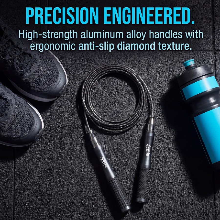 LANGETUKEE Speed Jump Rope - Professional Aluminum Alloy Skipping Rope with 360° Bearings - Adjustable 4mm Steel Cable for Double Unders, Boxing, MMA, HIIT & Cardio Training - Anti-Slip Grip - color: Black4