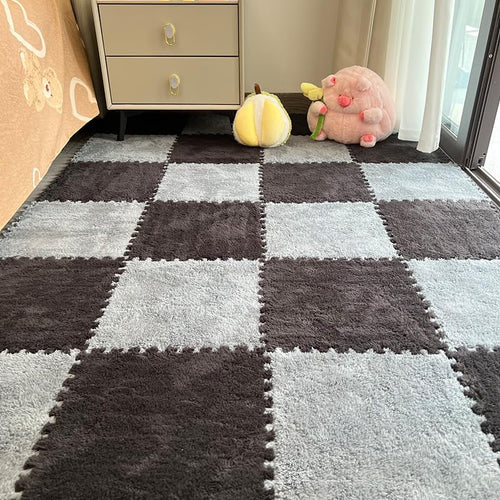 12Pcs Plush Foam Floor Mat,Plush Interlocking Carpet Tiles,Anti-Slip Square Puzzle Floor Mat,EVA Foam Area Rugs for Bedroom Playroom (Black+Grey) - color: Black+grey
